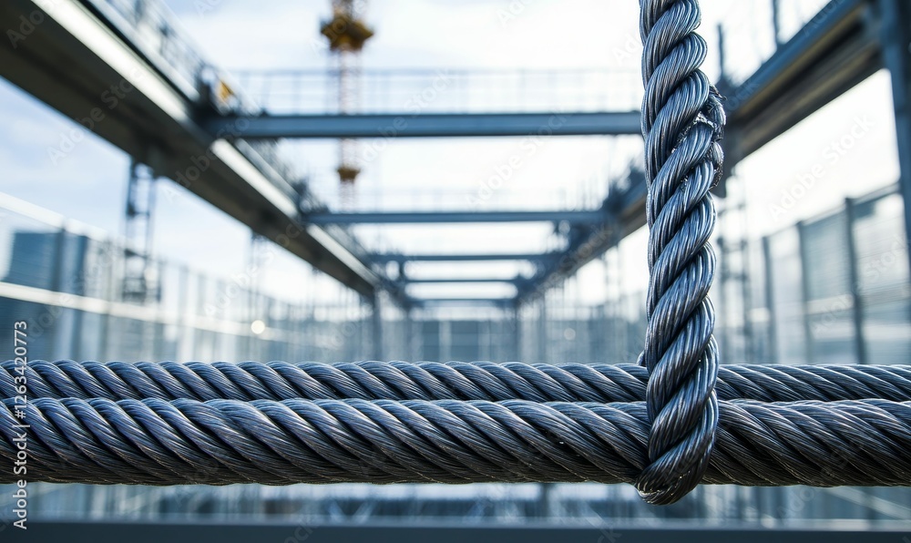 Steel cables intertwine, modern construction backdrop. Steel cables intertwine, modern construction backdrop.