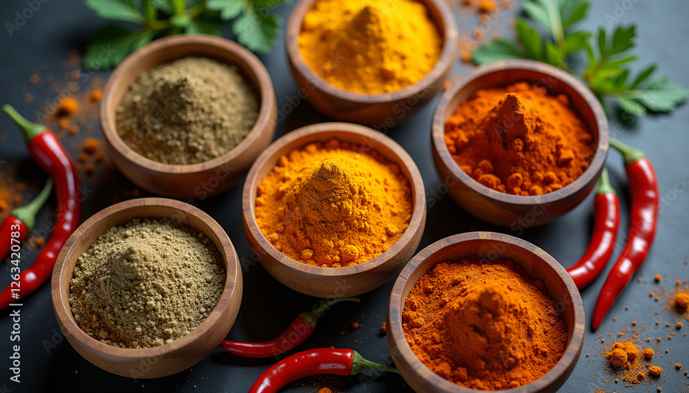 Assorted Indian spice powders in small bowls Assorted Indian spice powders in small bowls