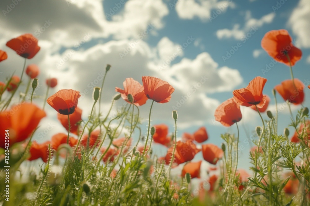 Obraz premium A vibrant field of red poppies grows beneath a cloudy blue sky
