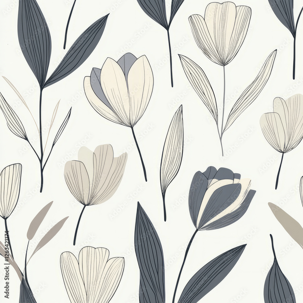 A minimalistic floral illustration with clean, linear illustrations of flowers like tulips, roses, and lilies in muted shades of gray, beige, and ivory. The simple design feels elegant and modern, A minimalistic floral illustration with clean, linear illustrations of flowers like tulips, roses, and lilies in muted shades of gray, beige, and ivory. The simple design feels elegant and modern,