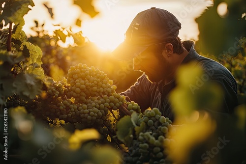 A farmer picking fresh fruit in an orchard at golden hour