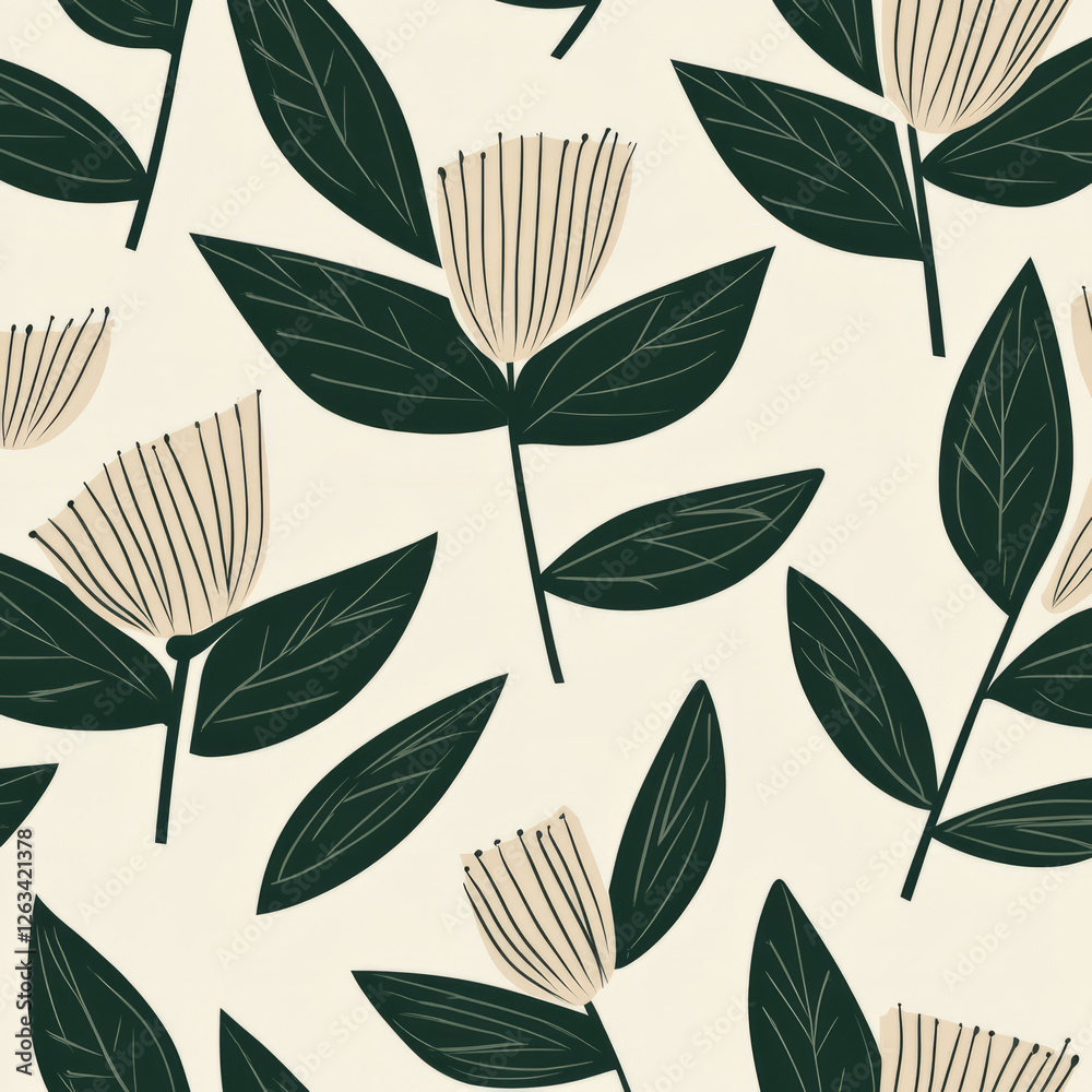 A botanical floral illustration with stylized, angular flowers and leaves in deep emerald green and soft beige. The geometric design combines nature with modern minimalism for a unique and A botanical floral illustration with stylized, angular flowers and leaves in deep emerald green and soft beige. The geometric design combines nature with modern minimalism for a unique and