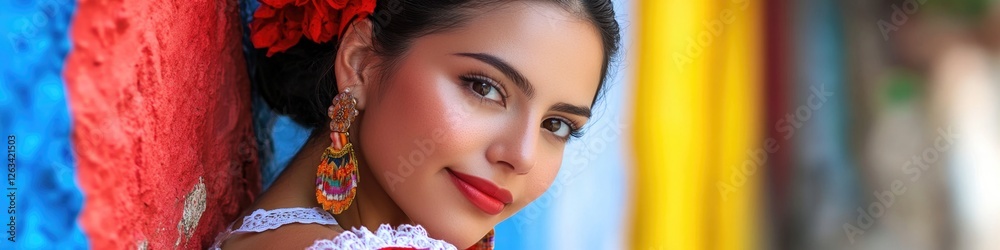 A woman with a bright red flower adorning her hair, simple yet striking image A woman with a bright red flower adorning her hair, simple yet striking image