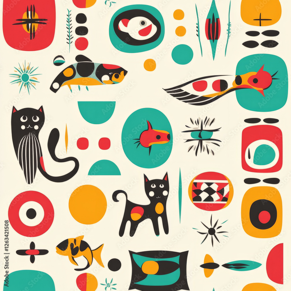 A fun, retro pet illustration with stylized cats, dogs, and fish surrounded by circles, squares, and wavy lines. The illustration uses bold, contrasting colors of red, yellow, and teal for a playful A fun, retro pet illustration with stylized cats, dogs, and fish surrounded by circles, squares, and wavy lines. The illustration uses bold, contrasting colors of red, yellow, and teal for a playful