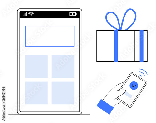 Hand holding a smartphone with a check mark icon next to a phone screen and a gift box. Ideal for contactless payment, mobile shopping, digital transactions, e-commerce, online gifts, tech savvy photo