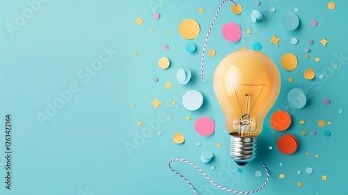 A light bulb is on a blue background with a bunch of colorful dots