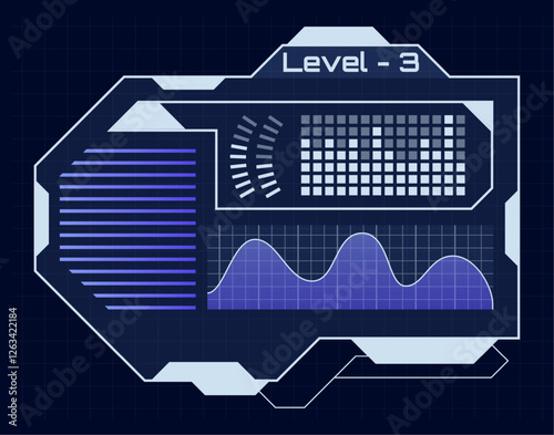 Futuristic HUD interface featuring level 3 with loading bars, charts, and digital infographic elements, creating a tech savvy atmosphere for gaming and sci fi projects