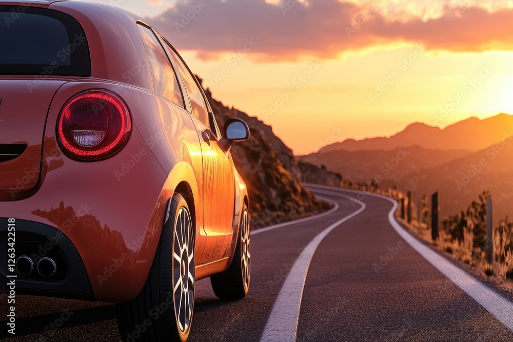 Fototapeta premium A car drives down a winding road during sunset, with a beautiful orange sky in the background