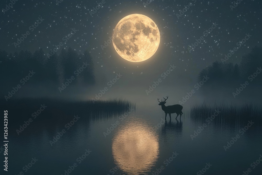 Silhouette of a deer standing in a moonlit lake, surrounded by a misty forest under a starry night. Silhouette of a deer standing in a moonlit lake, surrounded by a misty forest under a starry night.