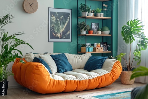 A cozy living room with various pieces of furniture and lush green plants photo