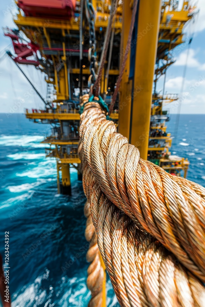 Obraz premium Thick golden cable on offshore platform, ocean backdrop.