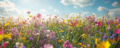 A field of flowers with a blue sky in the background