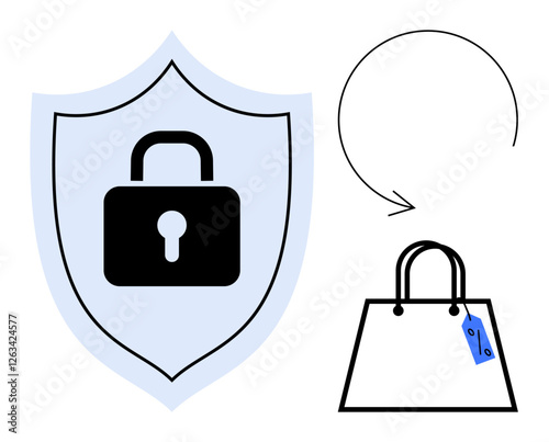 Shield with padlock symbolizing security, with an arrow pointing to a shopping bag with a price tag. Ideal for e-commerce, internet safety, cybersecurity, online shopping, privacy protection, secure