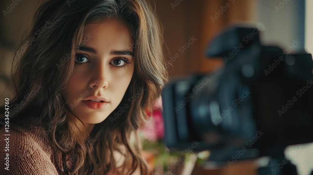 A woman holds a camera, ready to capture the moment A woman holds a camera, ready to capture the moment