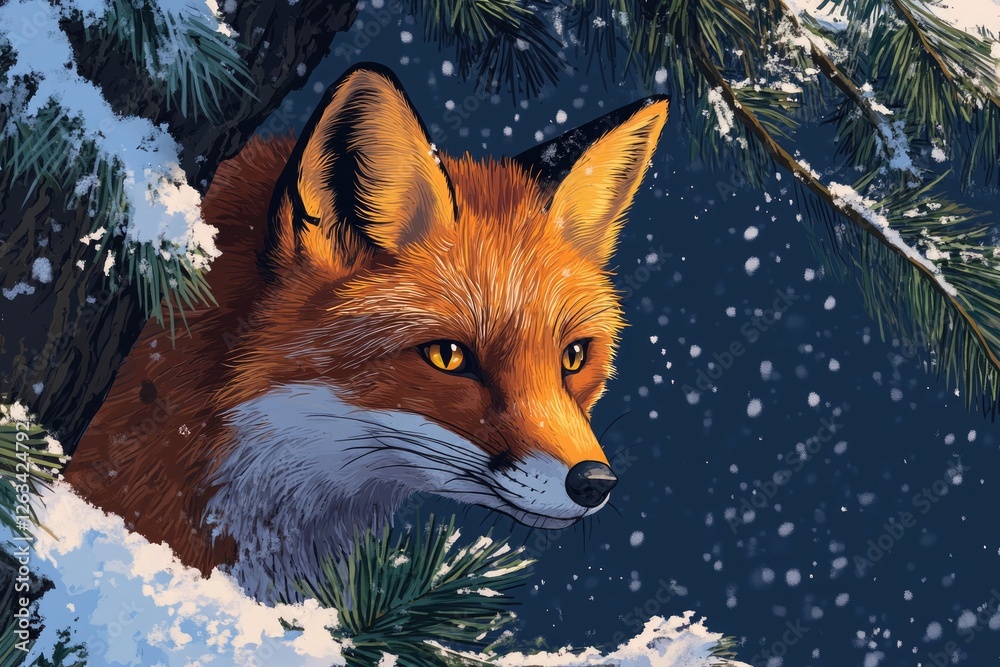 Obraz premium A red fox peers from behind a snow-covered pine tree in a winter wonderland.