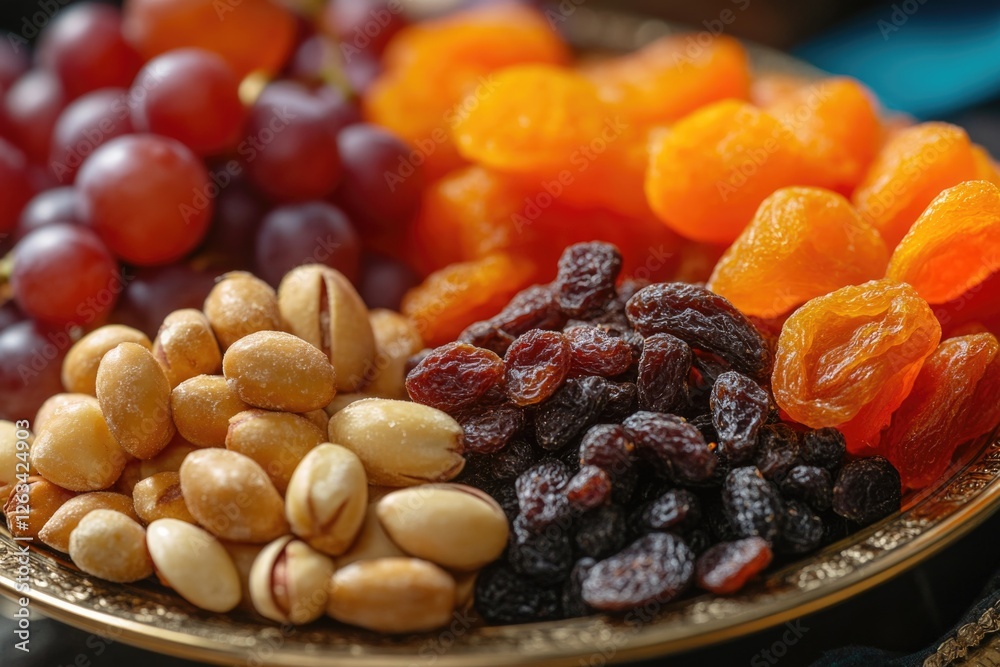 A plate of dried fruit and nuts on a table, perfect for snack or decoration A plate of dried fruit and nuts on a table, perfect for snack or decoration