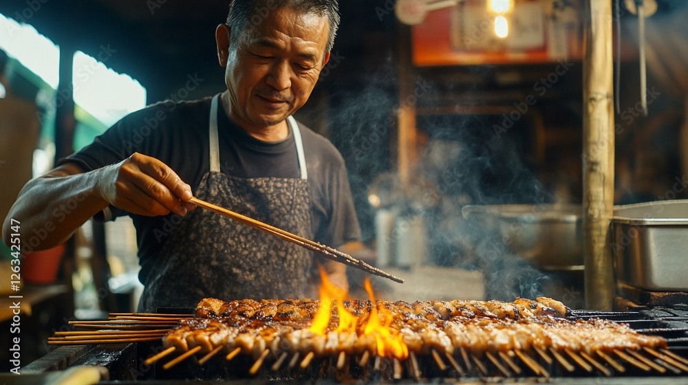 Fototapeta premium Asian Street Food Vendor Grilling Delicious Skewers: Authentic Culinary Experience in a Vibrant Market Setting