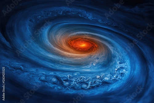 A swirling vortex of vibrant blues and fiery oranges dominates the center, creating a mesmerizing cosmic spectacle.