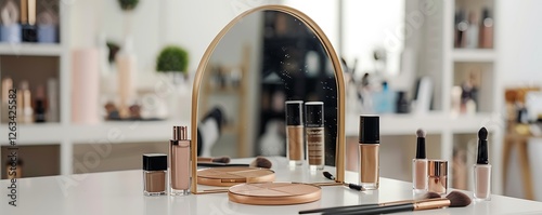 Minimal cosmetics studio, arch-shaped mirror on white table, makeup products and accessories