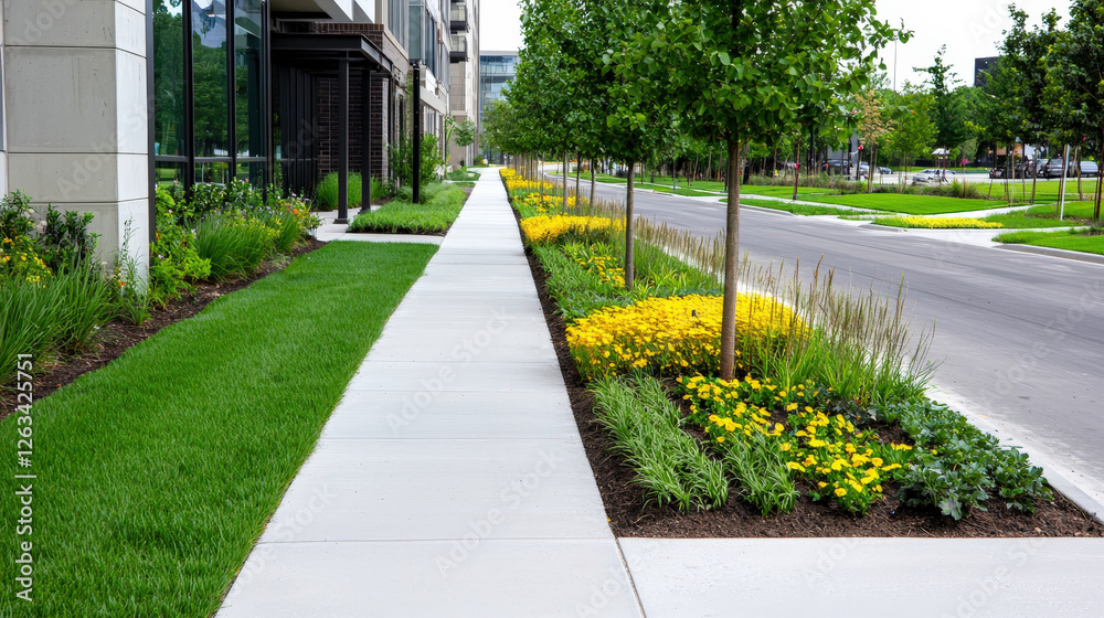 Obraz premium Lush Green Sidewalk with Vibrant Yellow Flowers and Neatly Trimmed Edges in a Contemporary Urban Landscape Environment