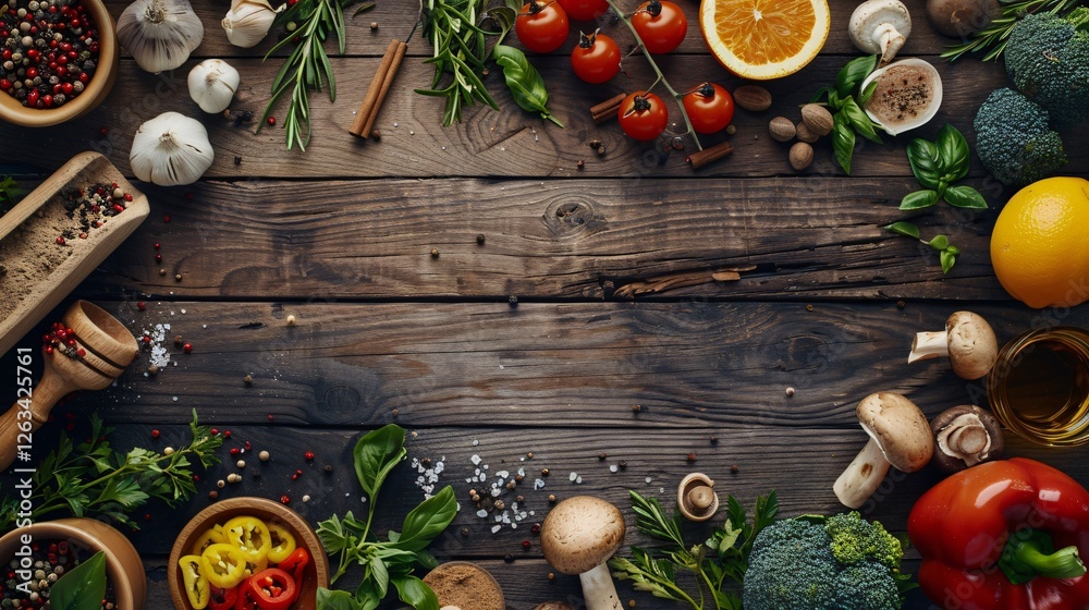 A wooden table with a variety of vegetables and spices A wooden table with a variety of vegetables and spices
