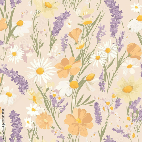 A whimsical floral illustration with scattered daisies, poppies, and lavender in soft hues of peach, lilac, and pastel yellow. The design creates a light, breezy atmosphere perfect for spring.