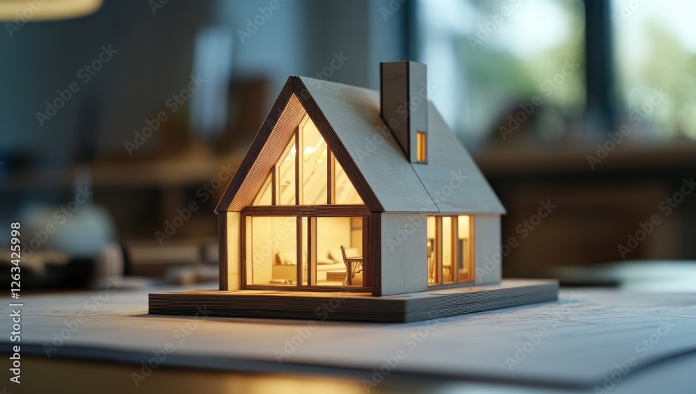 Illuminated Wooden House Model on Blueprint: A Dream Home Visualization Illuminated Wooden House Model on Blueprint: A Dream Home Visualization