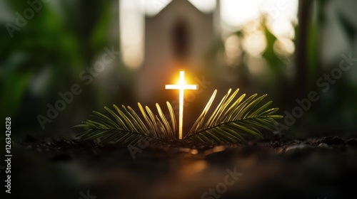 religious postcard template, simple yet spiritual postcard backdrop, featuring a blurred church silhouette, palm fronds, and a glowing cross, with a space for personal messages
