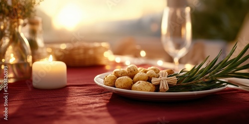 religious dinner setting, a red tablecloth sets the scene for an intimate dinner with roasted potatoes, a palm cross, and soft candlelight, alluding to a festive palm sunday photo