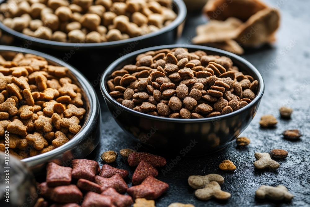 Three dog food bowls sitting on a table, perfect for pet photography or advertising Three dog food bowls sitting on a table, perfect for pet photography or advertising