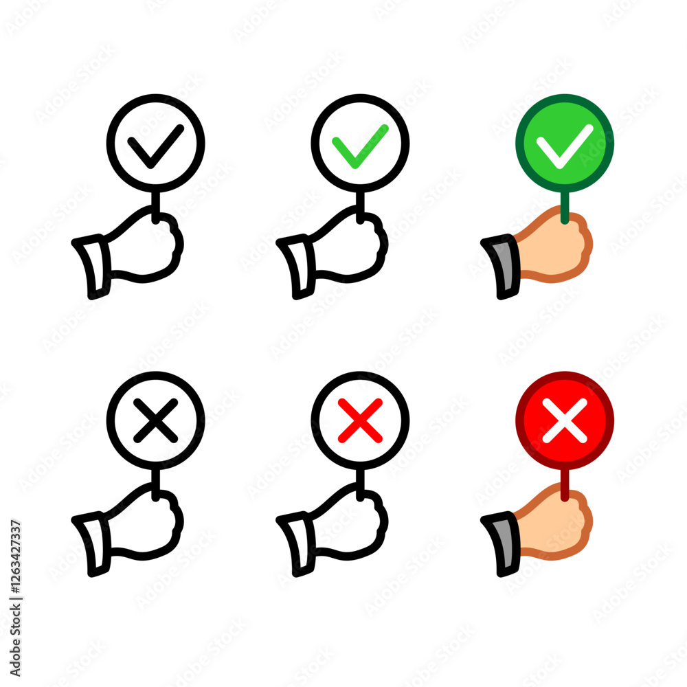 True and wrong rate reaction round plate banners with hands. Yes and no judge icons at circle staff. Approve and decline symbols. Confirm and cancel check mark icons set. Editable stroke. True and wrong rate reaction round plate banners with hands. Yes and no judge icons at circle staff. Approve and decline symbols. Confirm and cancel check mark icons set. Editable stroke.