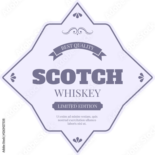 Vintage purple label for a limited edition best quality scotch whiskey, featuring elegant decorative elements and classic typography, conveying tradition, exclusivity, and premium craftsmanship