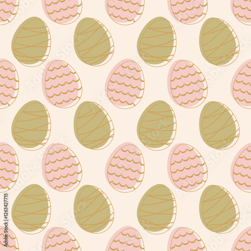 Seamless pattern with green and pink easter eggs on a light beige background. Easter vector editable background.