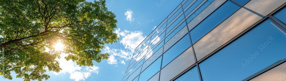 A bright, modern building reflects the sky, framed by lush green leaves and sunlight, showcasing a blend of nature and architecture. A bright, modern building reflects the sky, framed by lush green leaves and sunlight, showcasing a blend of nature and architecture.