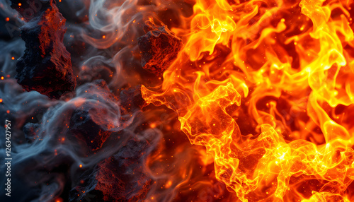 Fiery Clash of Fire and Embers. A dramatic close-up showcasing the intense contrast between raging fire and smoldering embers