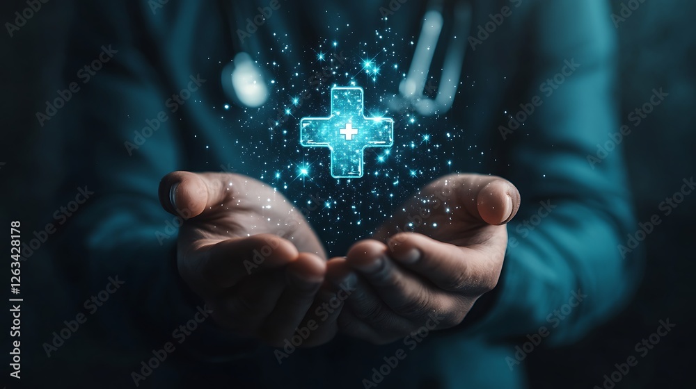 Glowing medical cross symbol held in hands. Glowing medical cross symbol held in hands.