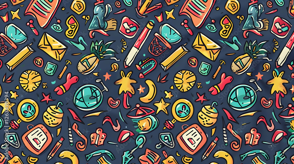 Naklejka premium Colorful flat lay of various doodles including fruits, tools, and everyday objects on a dark background