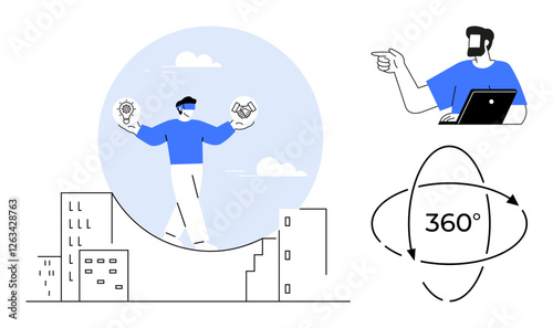 Man balancing lightbulb and handshake while walking on city edge. Person pointing while using laptop, and 360-degree arrows denote comprehensive process. Ideal for innovation, balance, work-life