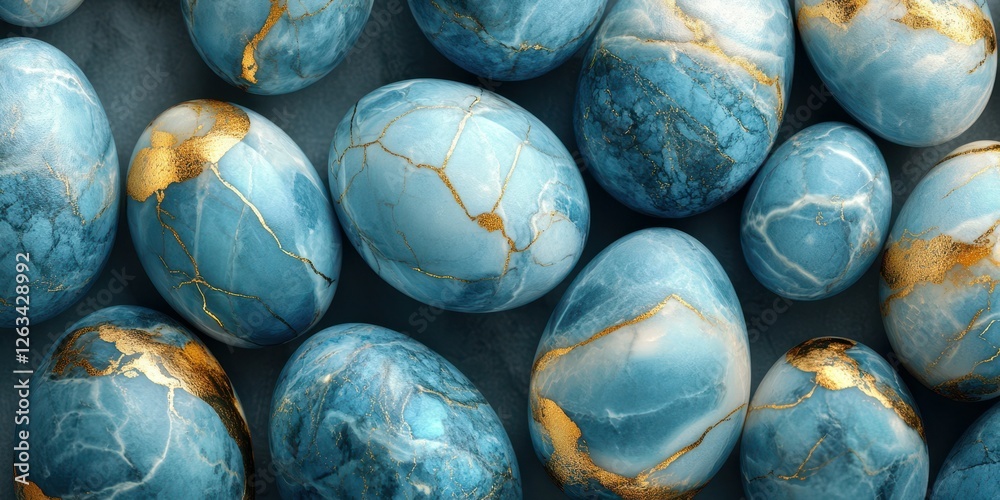 Decorative blue eggs with golden accents arranged artistically on a textured surface for a festive display Decorative blue eggs with golden accents arranged artistically on a textured surface for a festive display
