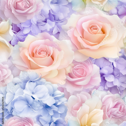 A soft watercolor floral illustration with pastel-colored roses, hydrangeas, and peonies. The fluid, dreamy design evokes a peaceful, tranquil feeling, perfect for spring-themed textiles and