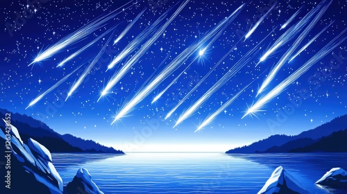 Beautiful Night Sky with Shooting Stars Streaking Across a Serene Landscape Over Calm Water