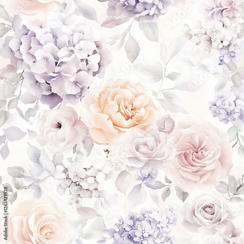 A dreamy, watercolor floral illustration featuring soft, flowing roses, peonies, and hydrangeas in pale, ethereal colors of blush, peach, and light lavender. The design creates a serene, romantic