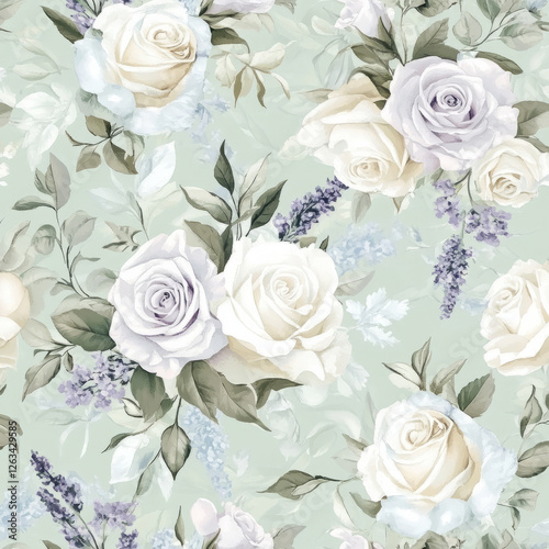 A soft, romantic floral illustration with delicate white roses, lavender sprigs, and soft greenery in pale pastel hues. The design exudes a vintage, timeless appeal, perfect for wedding or