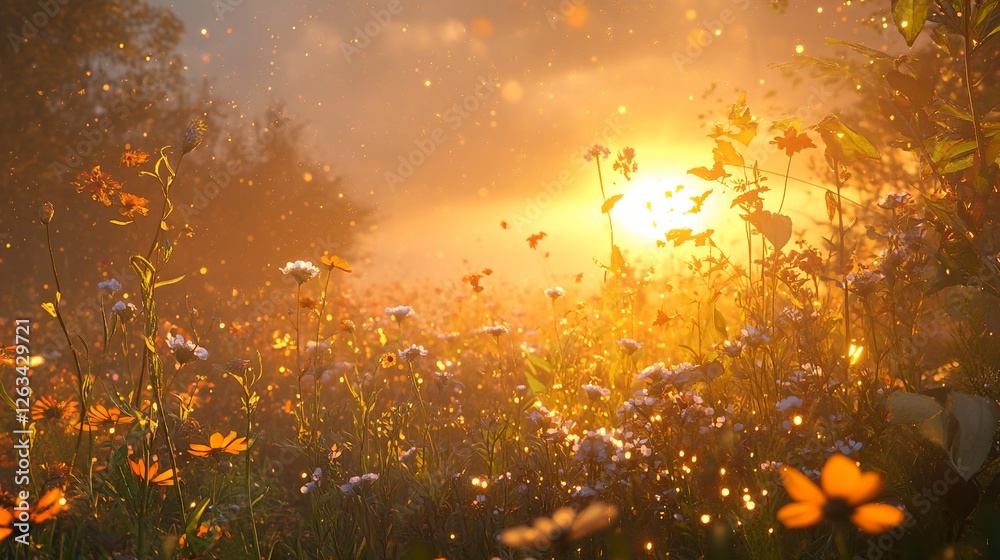 Magical Sunrise Meadow: Golden Hour in a Field of Wildflowers Magical Sunrise Meadow: Golden Hour in a Field of Wildflowers
