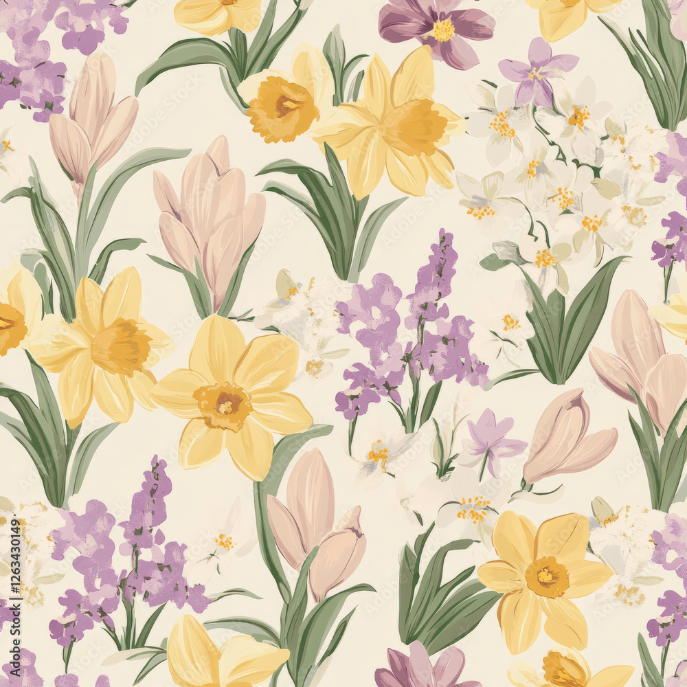 A serene, soft floral illustration with tulips, daffodils, and crocuses in gentle shades of pastel yellow, pink, and lavender. The design evokes springtime, freshness, and renewal. A serene, soft floral illustration with tulips, daffodils, and crocuses in gentle shades of pastel yellow, pink, and lavender. The design evokes springtime, freshness, and renewal.