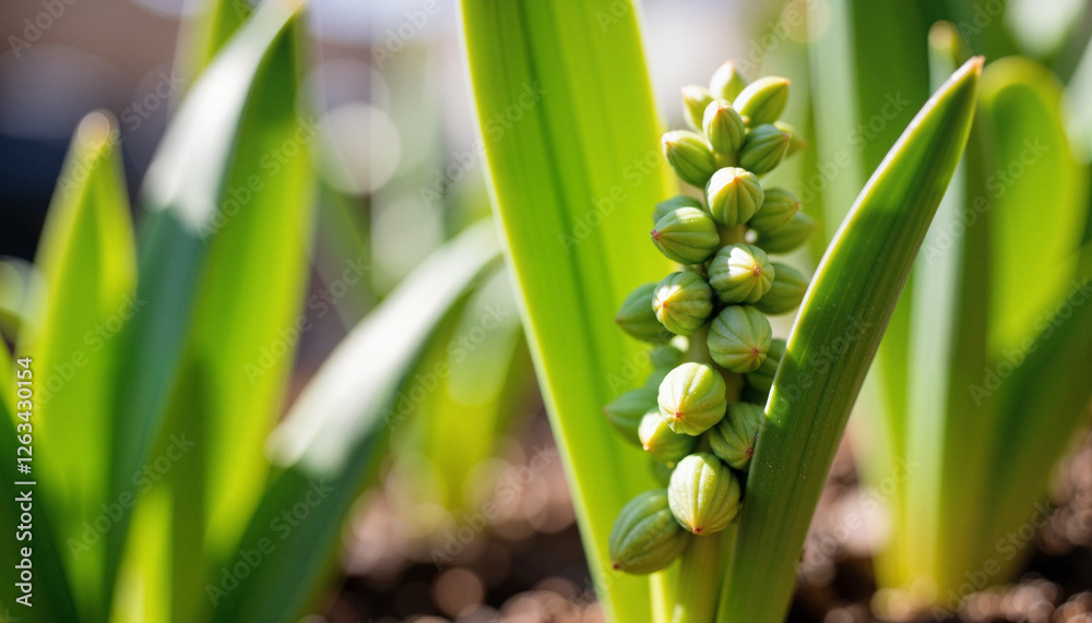 Fototapeta premium Macro view of green hyacinth buds in nursery, growth potential