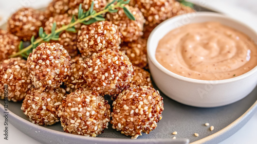 Delicious golden quinoa balls with aromatic herbs and creamy sauce for gourmet appetizers photo