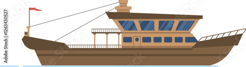 Illustration of a modern yacht featuring a sleek design, large windows, and a spacious deck. The vessel is depicted with a brown hull and a red flag, floating on calm blue water