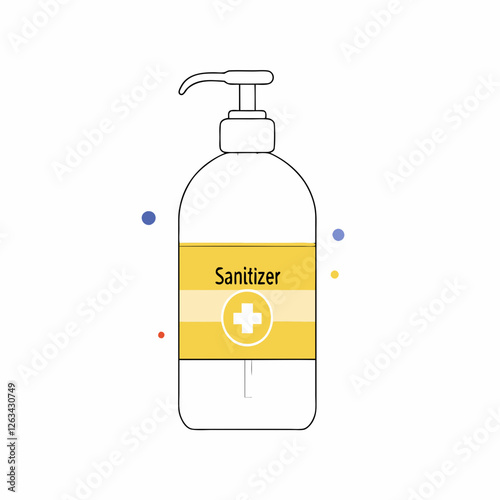 White sanitizer bottle with yellow label and plus symbol. Cheerful dots accent minimalist hygiene product design. Concept: Sanitization, Health Safety