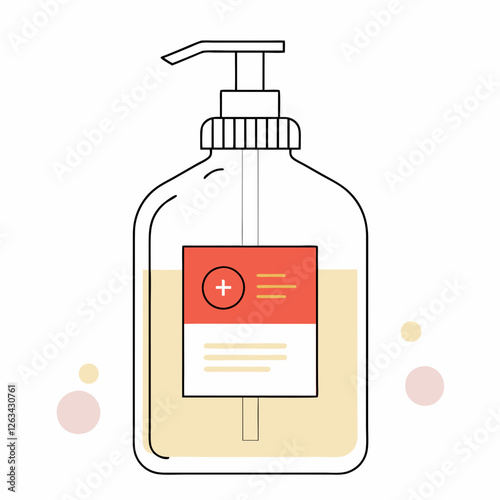 Clear pump bottle with yellow sanitizer facing forward on pastel background. Minimalist design with plus sign label shows cleanliness focus. Concept: Healthcare, Sanitization, Personal Care